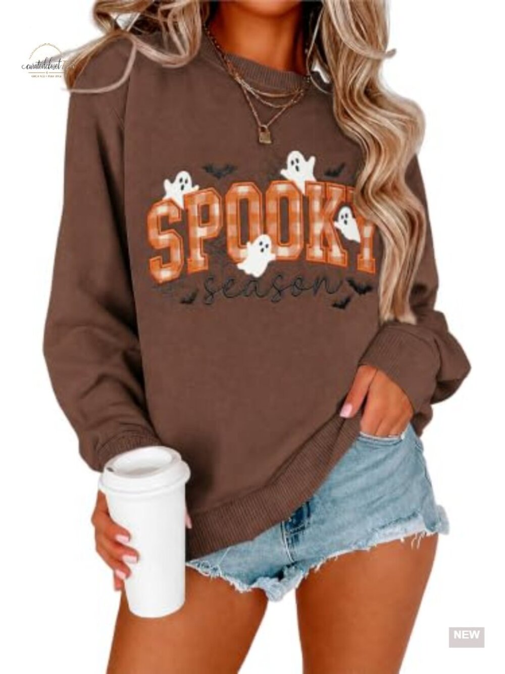 Women Spooky Season Embroidered Pullover Sweatshirt Halloween Crew Neck